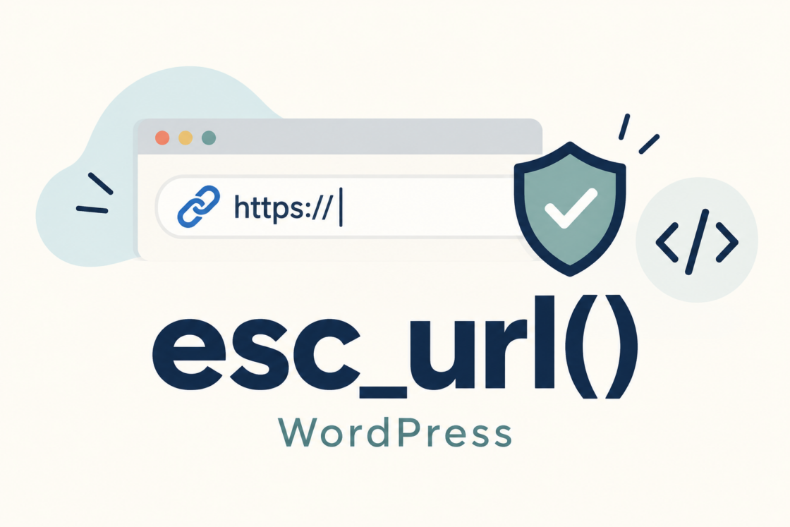 WordPressのesc_url()をイメージしたURL欄とリンク、チェック付きの盾のイラスト