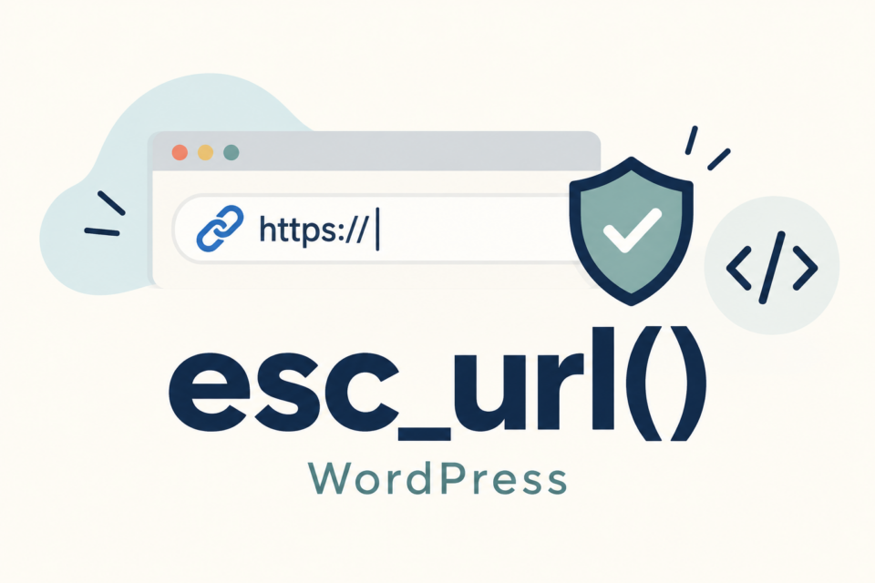 WordPressのesc_url()をイメージしたURL欄とリンク、チェック付きの盾のイラスト