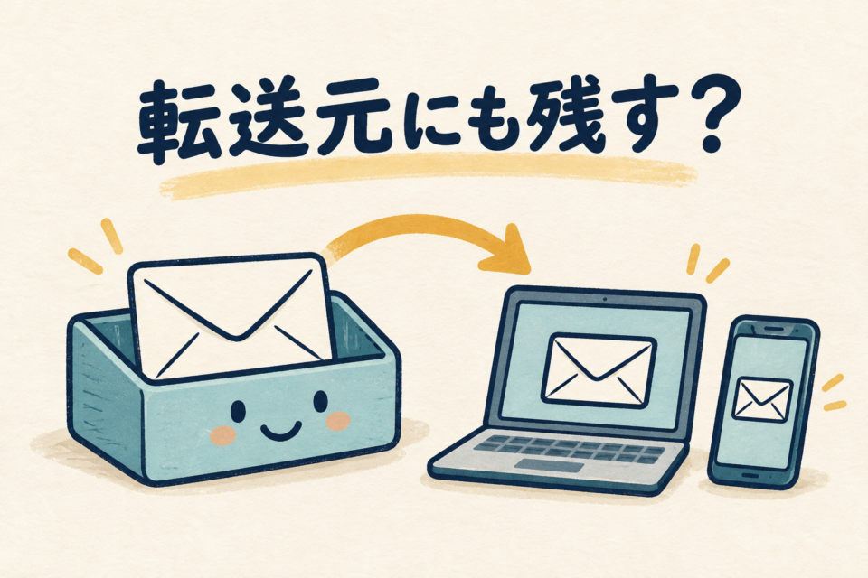 メールボックスに封筒を残しながらパソコンやスマートフォンへ転送するイラスト