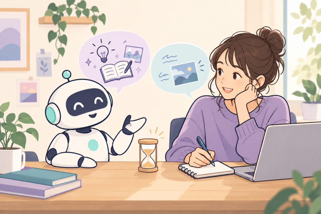 AIと気軽に文章のアイデアを試す人と砂時計のイラスト
