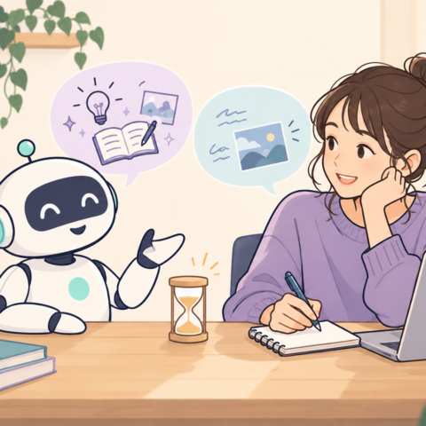 AIと気軽に文章のアイデアを試す人と砂時計のイラスト