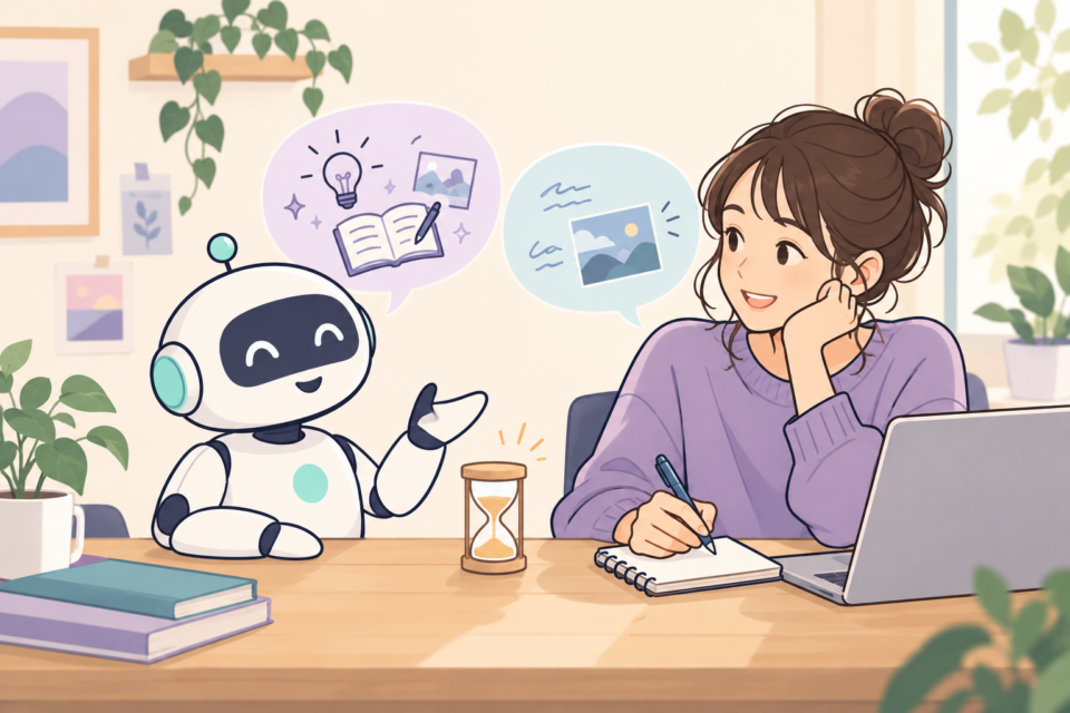 AIと気軽に文章のアイデアを試す人と砂時計のイラスト