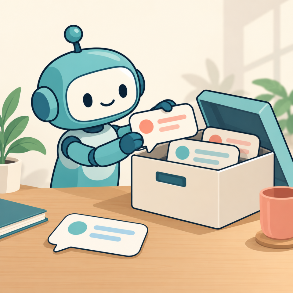 AIロボットが会話のカードを保管箱に収納し、チャット一覧を整理するイラスト