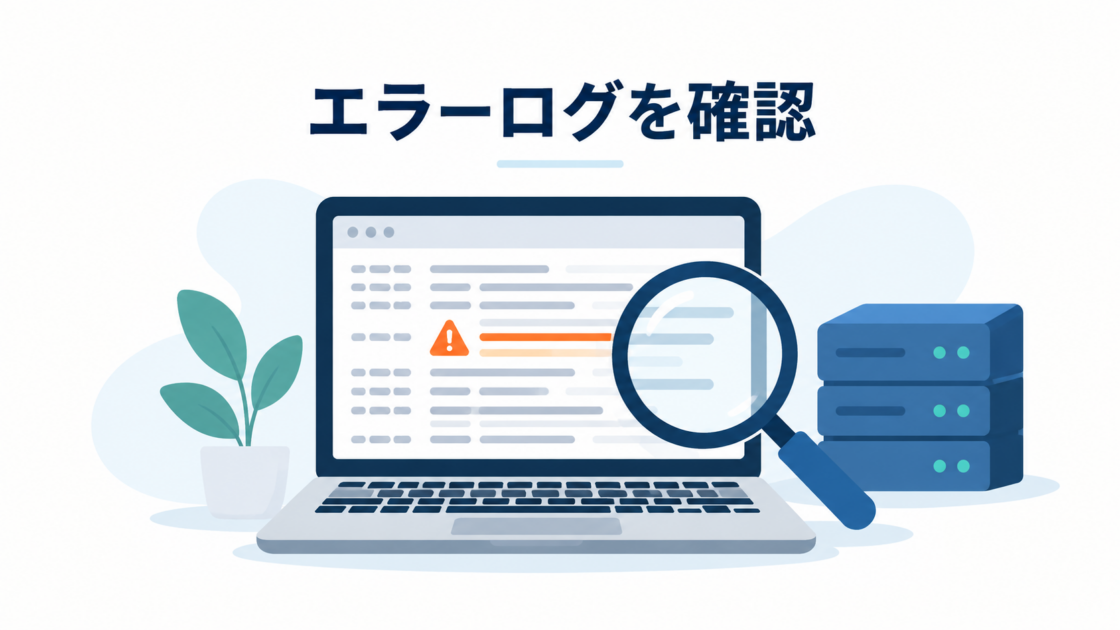 エラーログを調べるパソコンと虫眼鏡、サーバーのイラスト