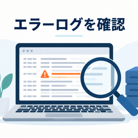 エラーログを調べるパソコンと虫眼鏡、サーバーのイラスト
