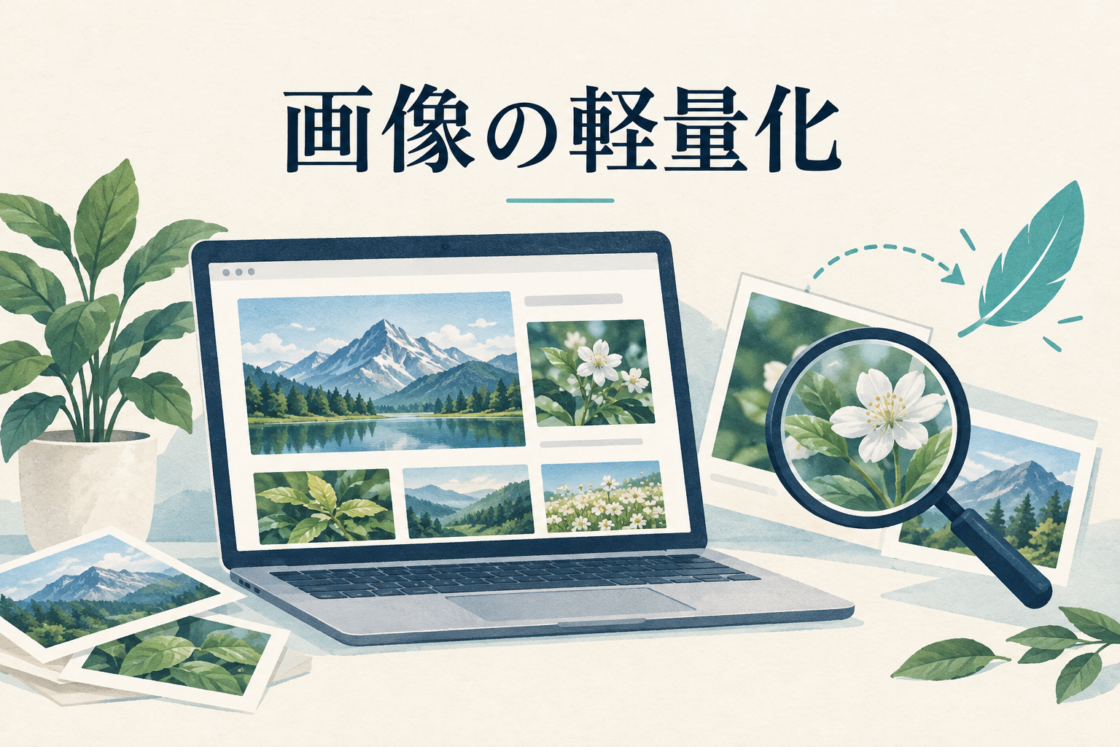 写真が並ぶノートパソコンと、画像の細部を確認する虫眼鏡のイラスト