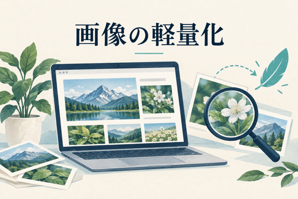 写真が並ぶノートパソコンと、画像の細部を確認する虫眼鏡のイラスト