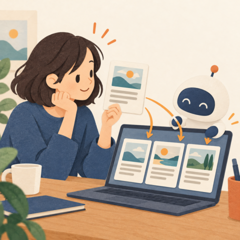 完成例のカードをAIに見せて、文章の書き方をそろえるイラスト
