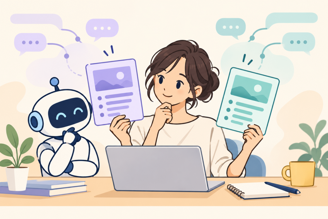 AIと一緒に2つの原稿案を見比べるWeb制作者のイラスト
