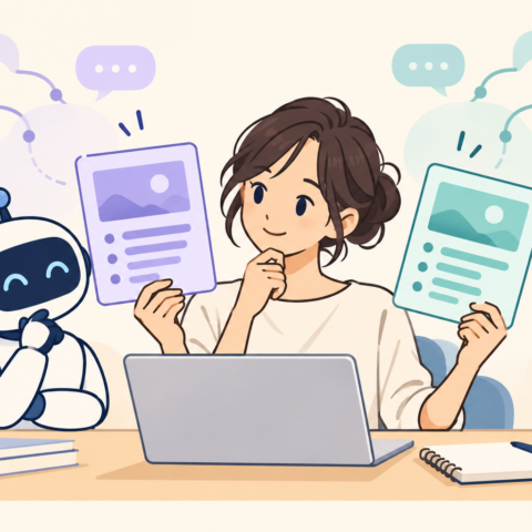 AIと一緒に2つの原稿案を見比べるWeb制作者のイラスト
