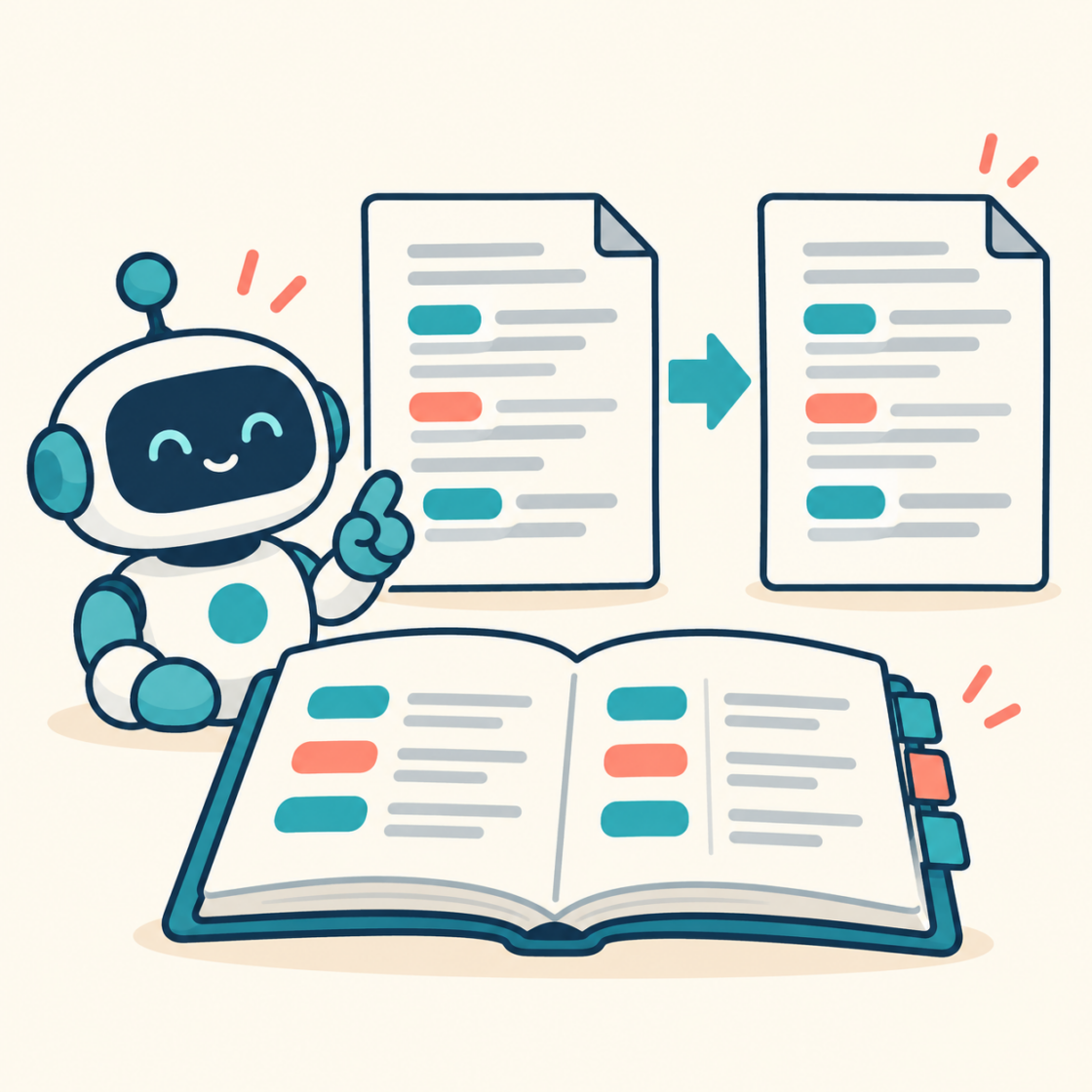 AIロボットが用語集を参照し、2枚の翻訳文の表記をそろえるイラスト