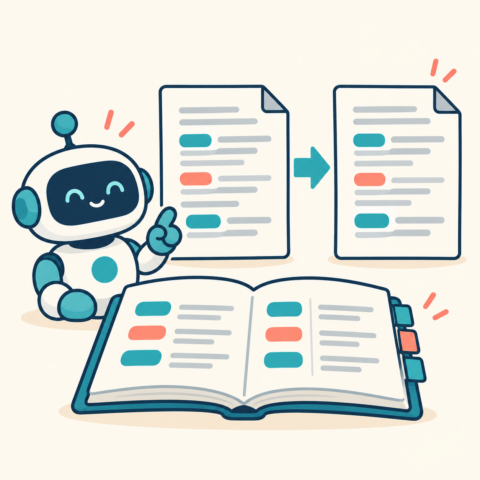 AIロボットが用語集を参照し、2枚の翻訳文の表記をそろえるイラスト