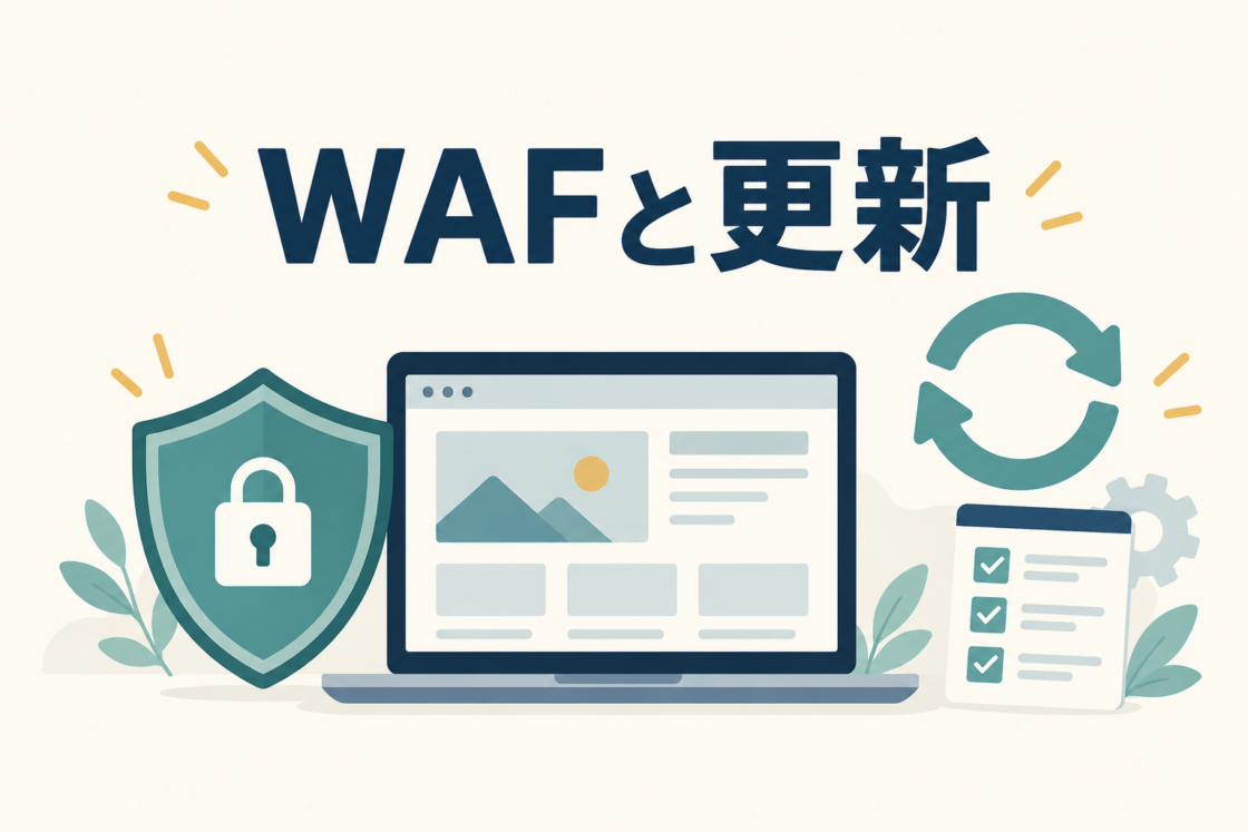 WAFの盾と更新の矢印、ノートパソコンと管理チェックリストのイラスト