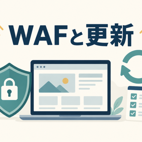 WAFの盾と更新の矢印、ノートパソコンと管理チェックリストのイラスト