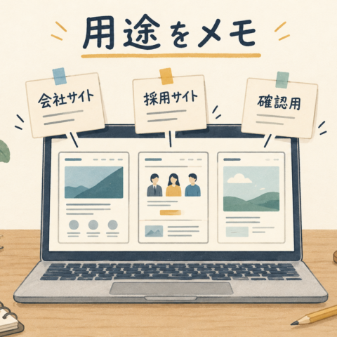 複数のサイトに会社サイト・採用サイト・確認用の用途メモを添えたノートパソコンのイラスト