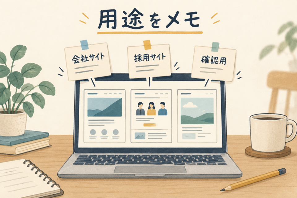 複数のサイトに会社サイト・採用サイト・確認用の用途メモを添えたノートパソコンのイラスト