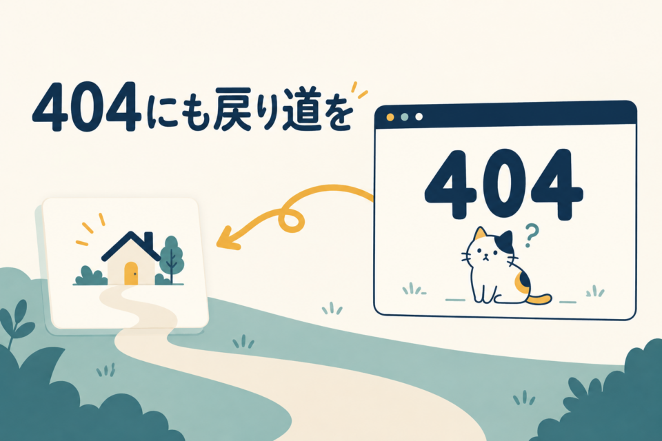 404ページから家のアイコンへ矢印でつながる、トップページへの戻り道のイラスト