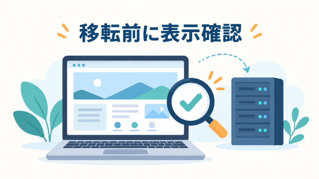 移転前にウェブサイトの表示を確認するパソコンとサーバーのイラスト