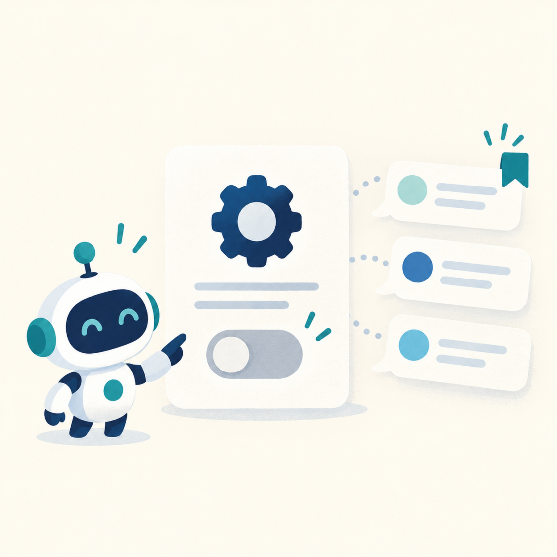 AIロボットがオフの設定スイッチと保存された会話カードを案内するイラスト