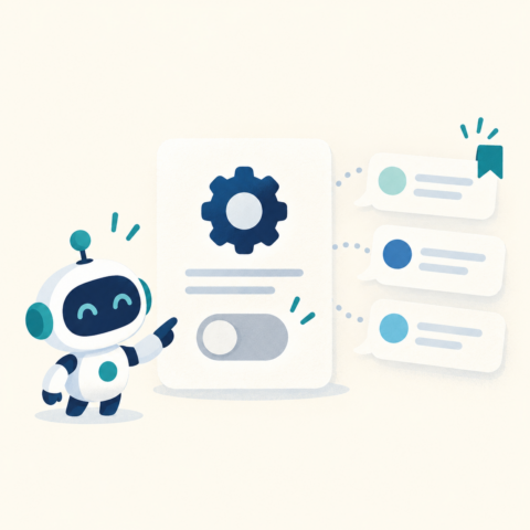 AIロボットがオフの設定スイッチと保存された会話カードを案内するイラスト